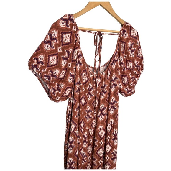 Knox Rose Midi Floral Tiered Boho Scoop Neck Short Puff Sleeves Tie Rust XXL - Picture 6 of 13